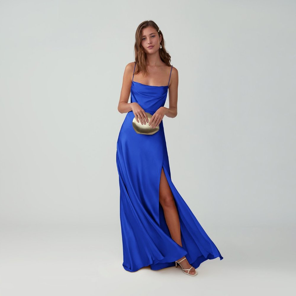 Blue strappy draped gown or prom dress from Fame and Partners, never worn, NWT